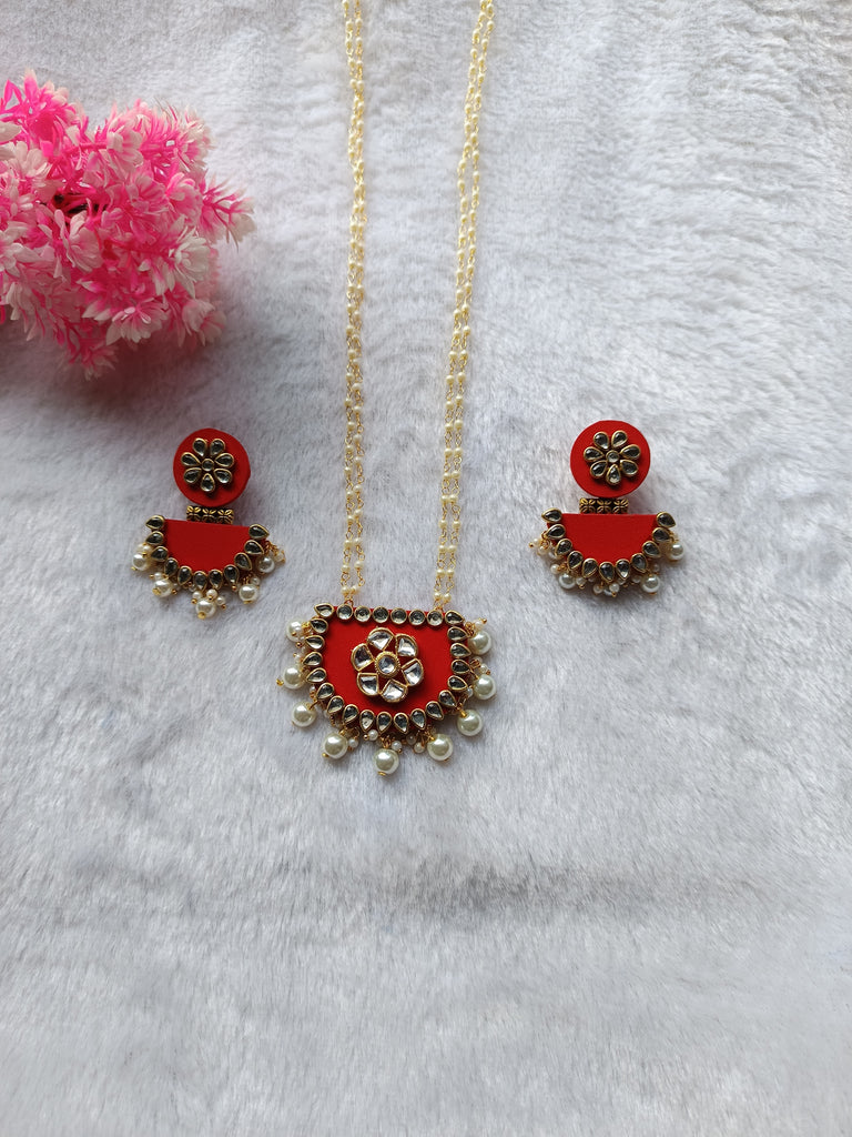 Red Long Fabric Necklace Set