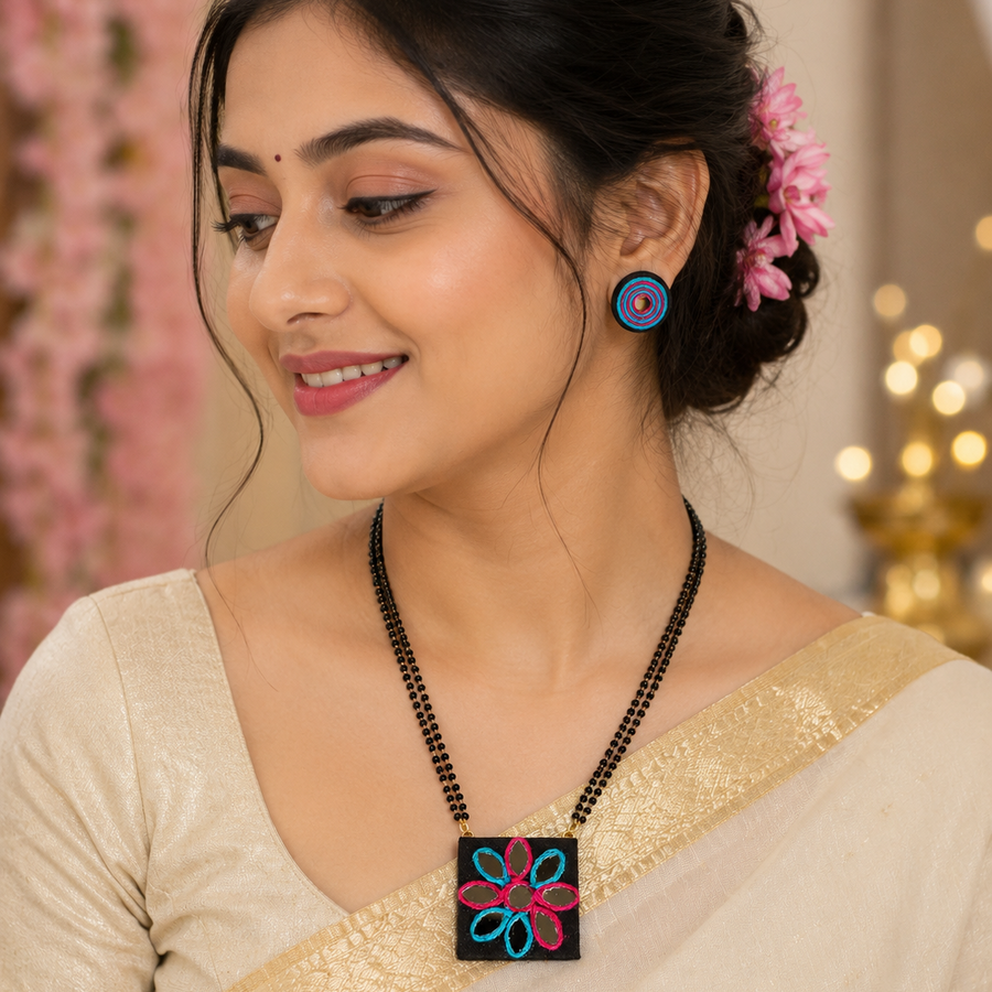 Pink Blue Mirror Mangalsutra